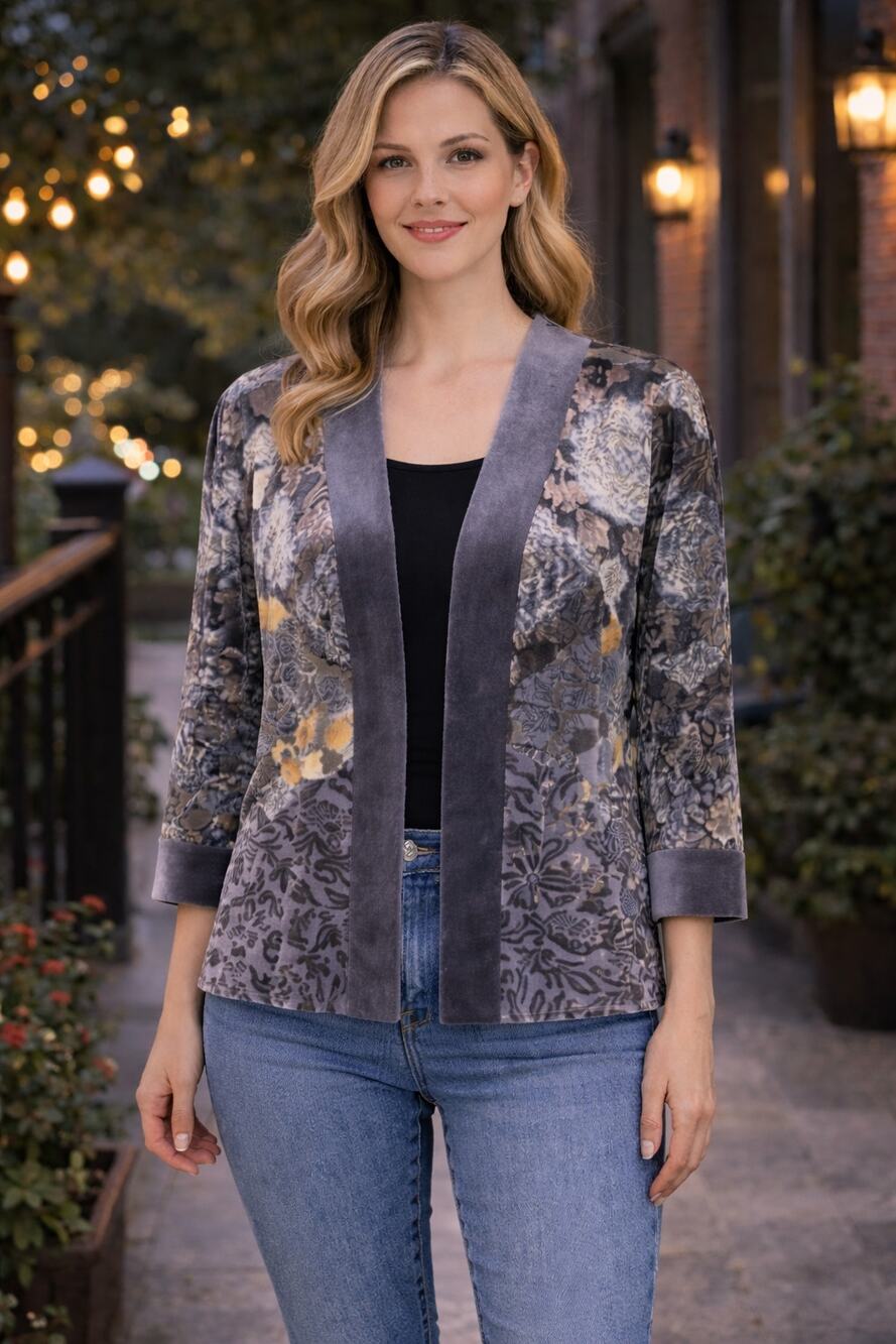 Vintage Burnout Velvet Open Front Cardigan Floral Metallic 3/4 Sleeve Size 16